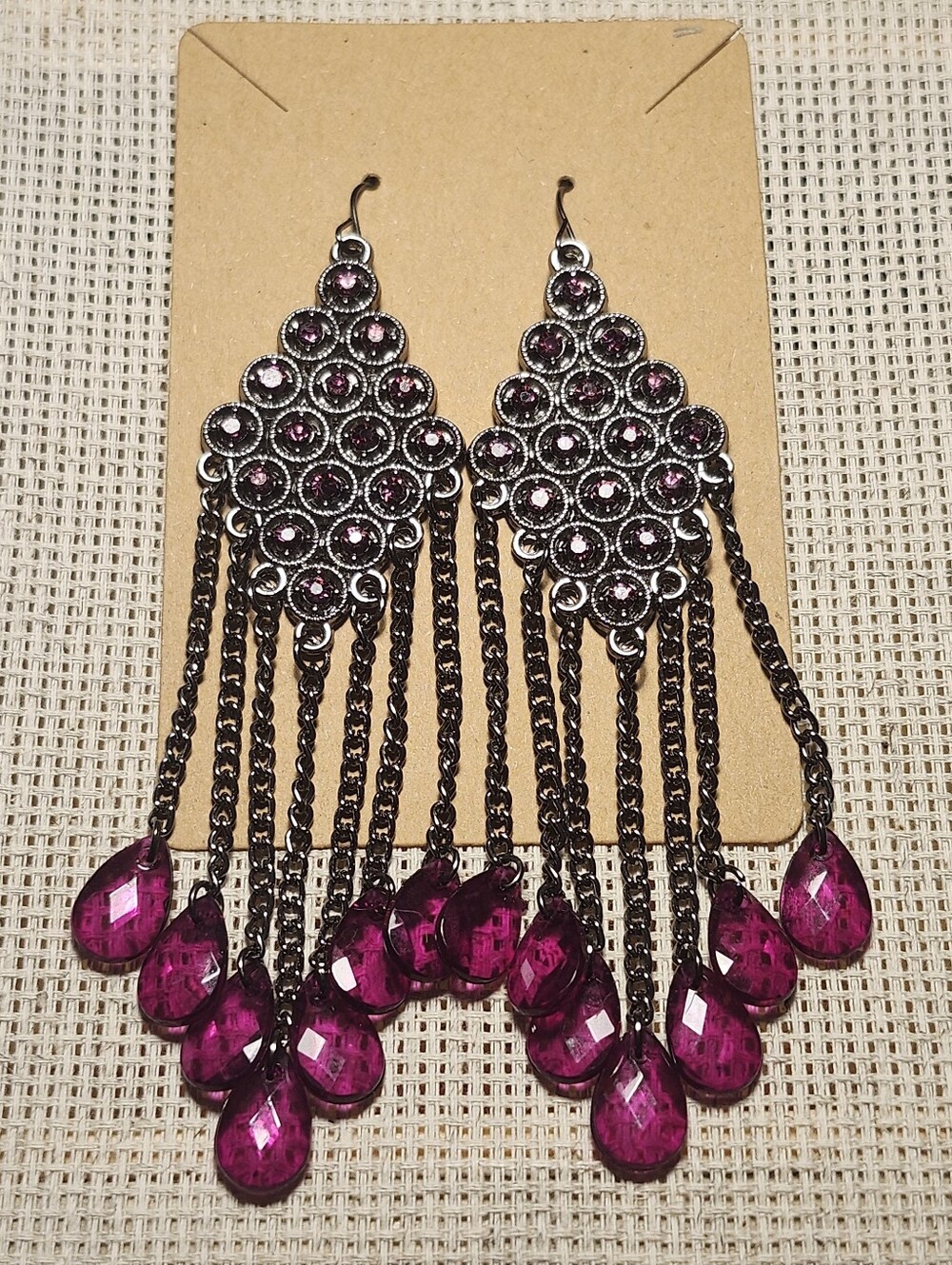 Versona Purple Crystal Chandelier Dangle Earrings Gunmetal Fringe